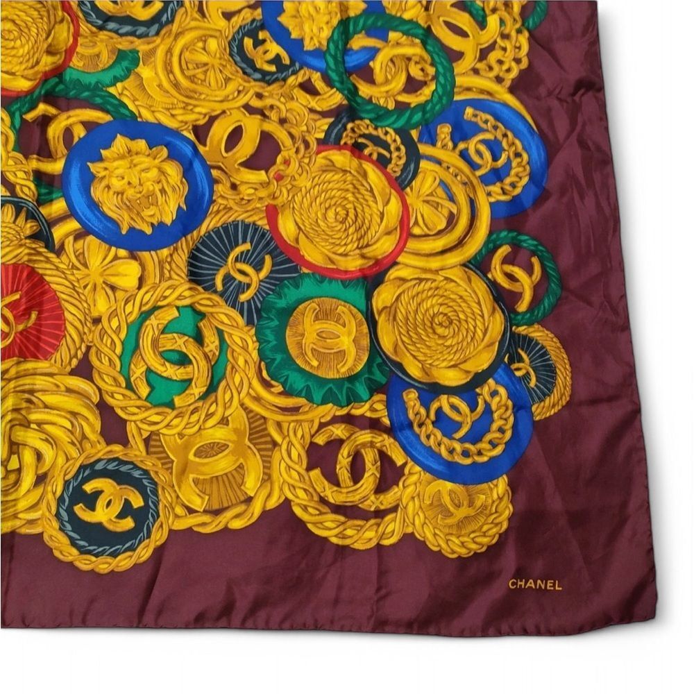 CHANEL Burgundy & Gold CC Logo Jewelry Motif Silk Scarf - Picture 3 of 8